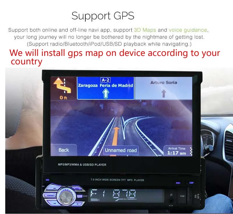 Perfect 7" 1 Din Car DVD Player GPS Navigation Universal In-dash Detachable Front Panel Auto Radio Audio Stereo 1Din 2