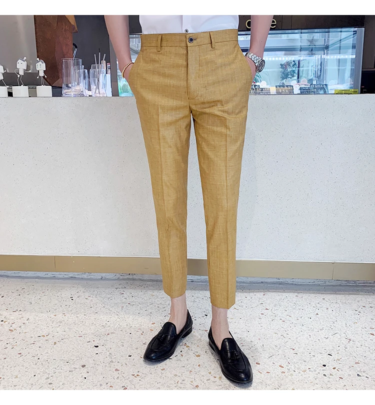 Летний новый костюм брюки красивые молодых мужчин девять минут брюки корейский стиль тонкие маленькие ноги Модные мужские узкие брюки