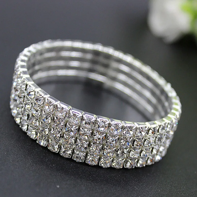 TREAZY 1-8 Rows Rhinestone Crystal Bracelet Bangle Elastic Bling Wristband Wedding Bridal Bridesmaid Bracelet Jewelry Gifts 3