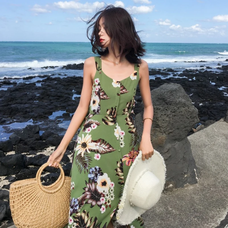 Summer Floral Print Women Sundress Boho Tropical Long Sexy Green Vacation Sleeveless Vintage Elegant Maxi Beach Dress New