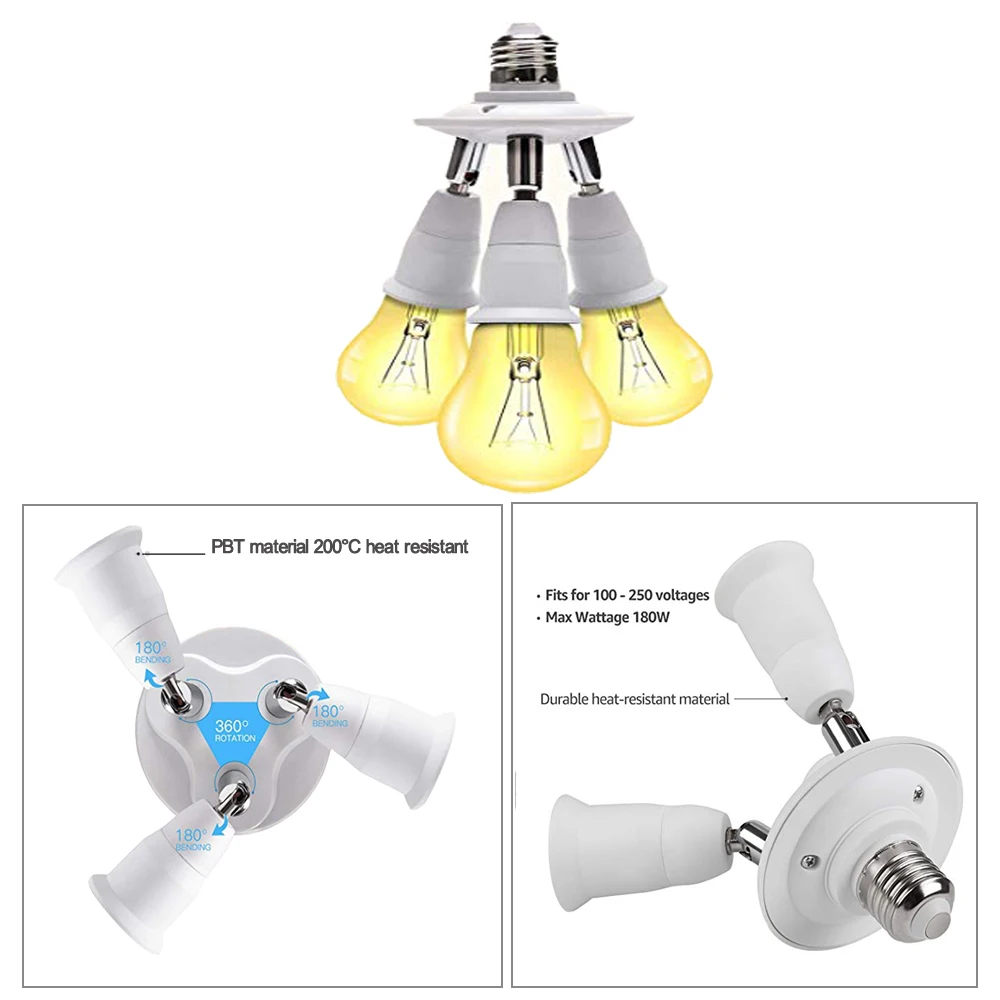 Светильник с лампочками E26& E27 в E26& E27 адаптер конвертер, патрон Универсальная головка 360 градусов Регулируемый разделитель(3 порта