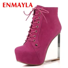 ENMAYLA/мотоциклетные ботинки прозрачные женские ботинки на танкетке новые ботильоны модные высокие сапоги на шнуровке с круглым носком популярные ботинки Martin