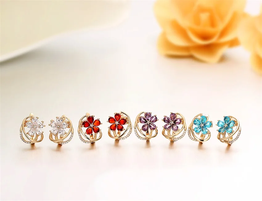 4Colors Five Petal Flower Paved Pear CZ Crystals Huggies Small Hoops Earrings for Women Yellow Gold Color Jewelry New