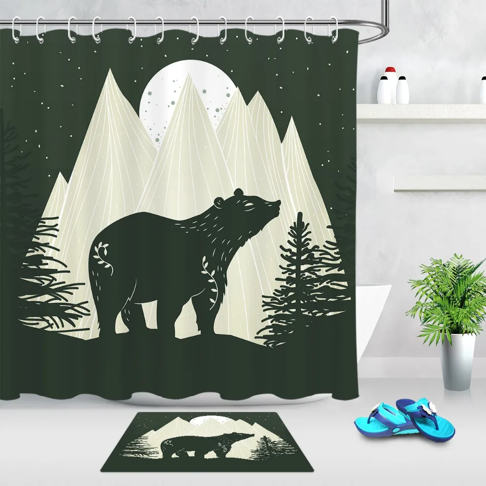 Black Bear Polyester Waterproof Bathroom Fabric Shower Curtain With 12 Hook 