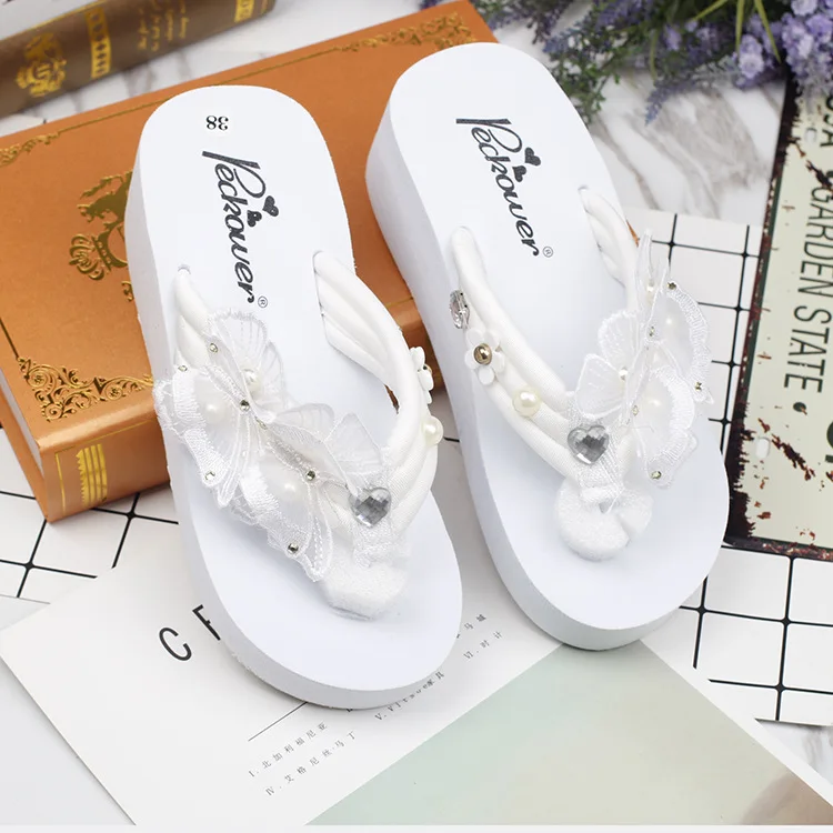 Korean Handmade Pearl Butterfly Slippers Female Summer Non-slip Beach White Platform Wedge Flip Flops Shoes Cheap Online 6cm49