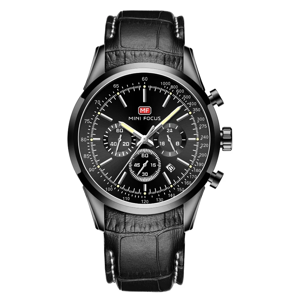

Mini Focus Men's Watch Calendar Chronograph 3 Sub-dial Genuine Leather Luminous Waterproof Quartz Wristwatch relogio masculino