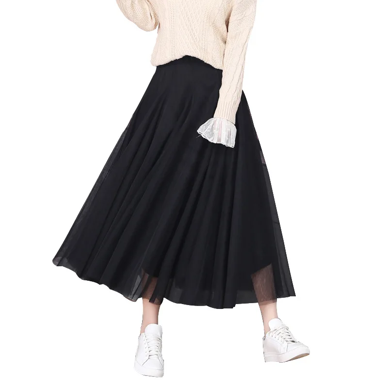 

WSYORE Women High Waist Skirt 2019 New Spring Casual Mesh Pleated Skirts Maxi Skirt Female Streetwear Long Skirts Saia NS926