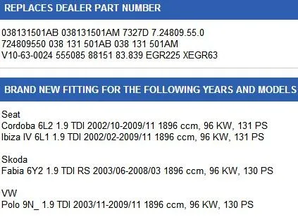 038131501AB 038131501AM 7327D 038129637L 7.24809.55.0 для SKODA FABIA Mk1 1,9 TDI 1999> 2008 клапан EGR 88151 83,839 555085