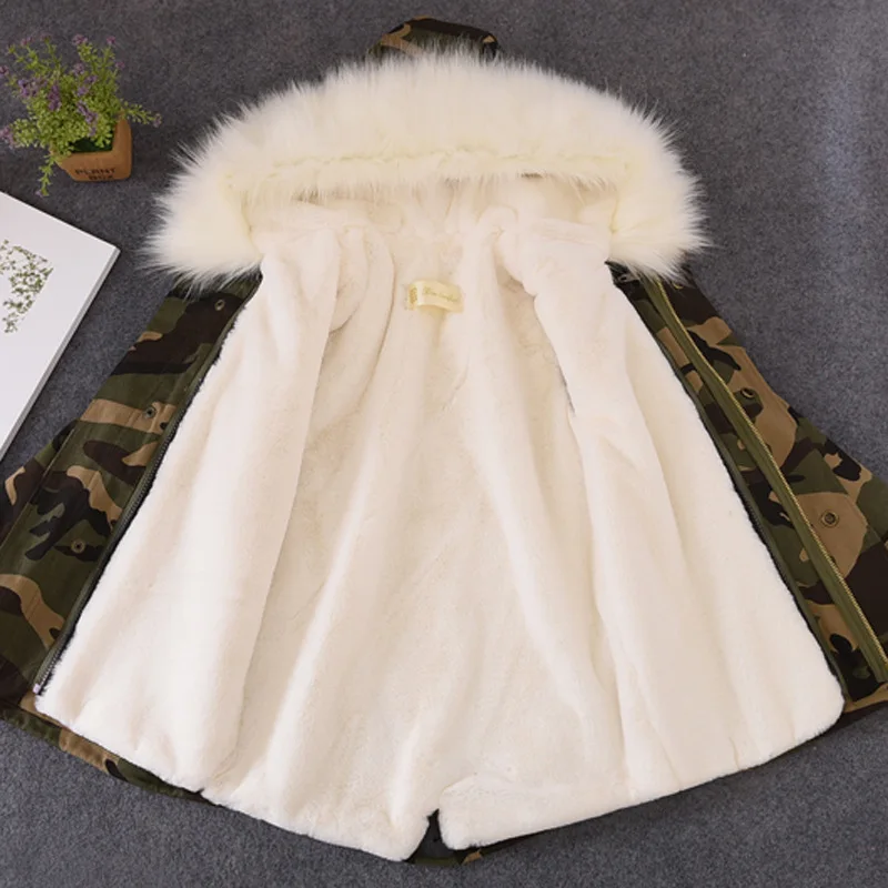 Пальто с мехом для мальчиков и девочек, парки детская зимняя куртка из искусственного Шуба из кролика Рекс верхняя одежда с капюшоном и меховым воротником, TZ278 - Цвет: Camo White Fur
