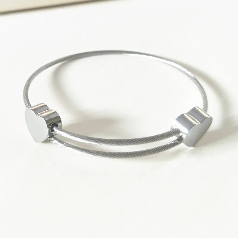 

Fashion Women Girls Punk Silver Rose Gold Stainless Steel Double Hearts Wire Rope Bear Bangles Bracelets Pulseras Jewelry