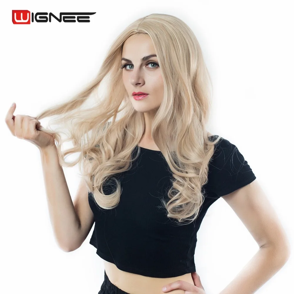 Wignee mezcla ceniza rubia media parte larga peluca ondulada alta temperatura pelo Natural onda peluca sintética sin pegamento Cosplay pelo falso Wignee mezcla ceniza rubia media parte larga peluca ondulada alta temperatura pelo Natural onda peluca sintética sin pegamento Cosplay pelo falso