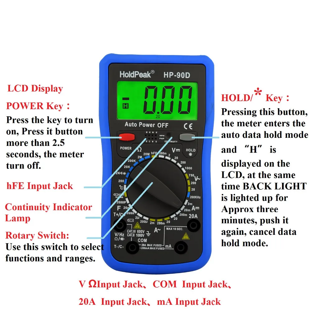 Цифровой мультиметр HoldPeak HP-90D 1000 в цифровой универсальный тестер с диодом/hFE/сопротивление/измерение емкости