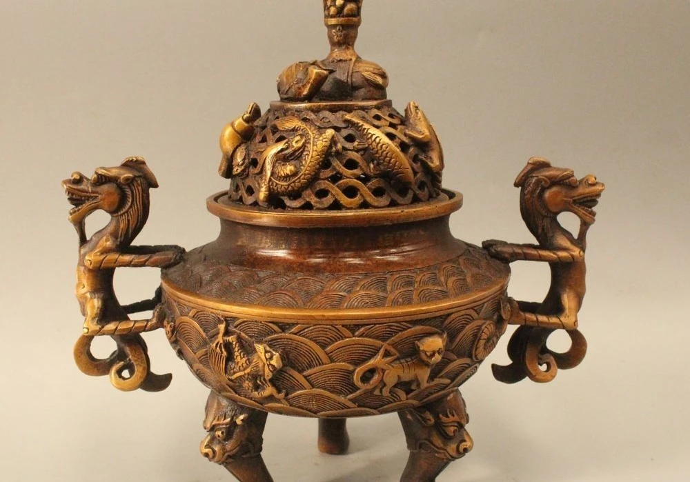 

9" Chinese Brass Elephant Zun Dragon Handle Fish Beast Incense Burner Censer