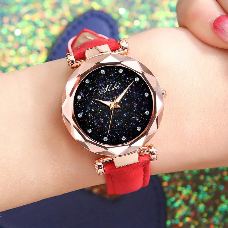 

Women Quartz Watch Round Star Dial Wrist Watch with Perforated Frosted Strap @M23