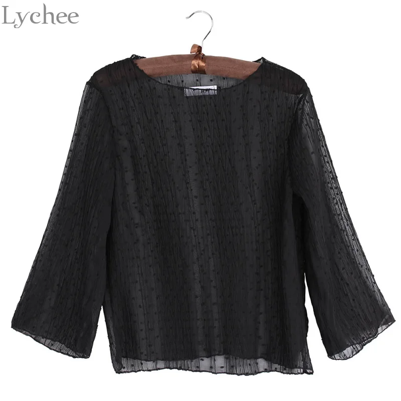 Lychee Корейская сексуальная прозрачная блузка в горошек с расклешенным рукавом
