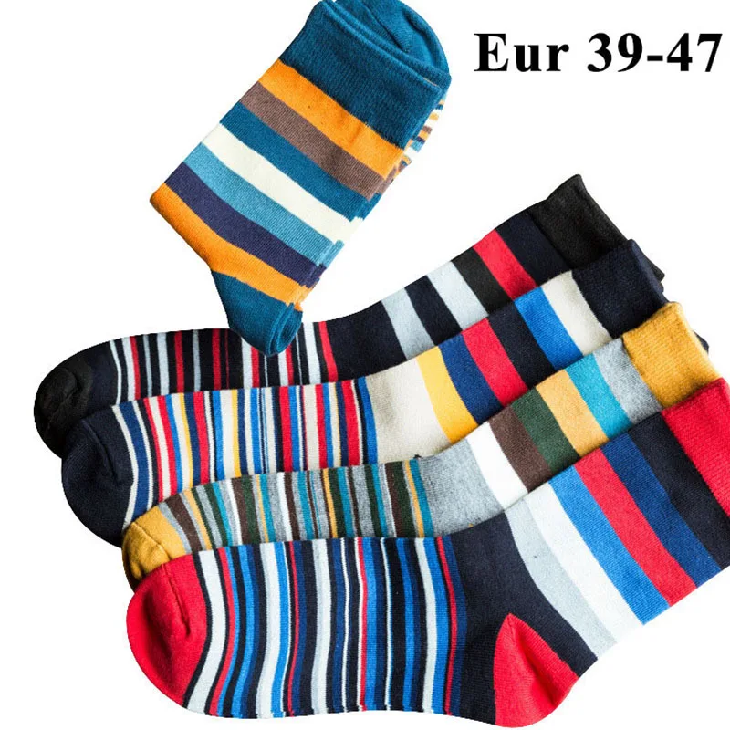 

10PCS=5pairs Mens Cotton Trendy Socks Plus Large Big Size 44, 45, 46, 47,Chromatic Stripe Socks Calcetines Happy Funny Sox Meias