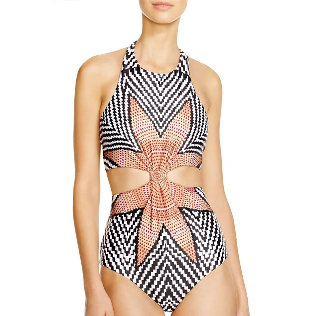 

Women's Tropical Tribal Starbasket Knot Front Padded One Piece Swimsuits Blue Gray Maple Print Halter Swimwear One Piece Suits