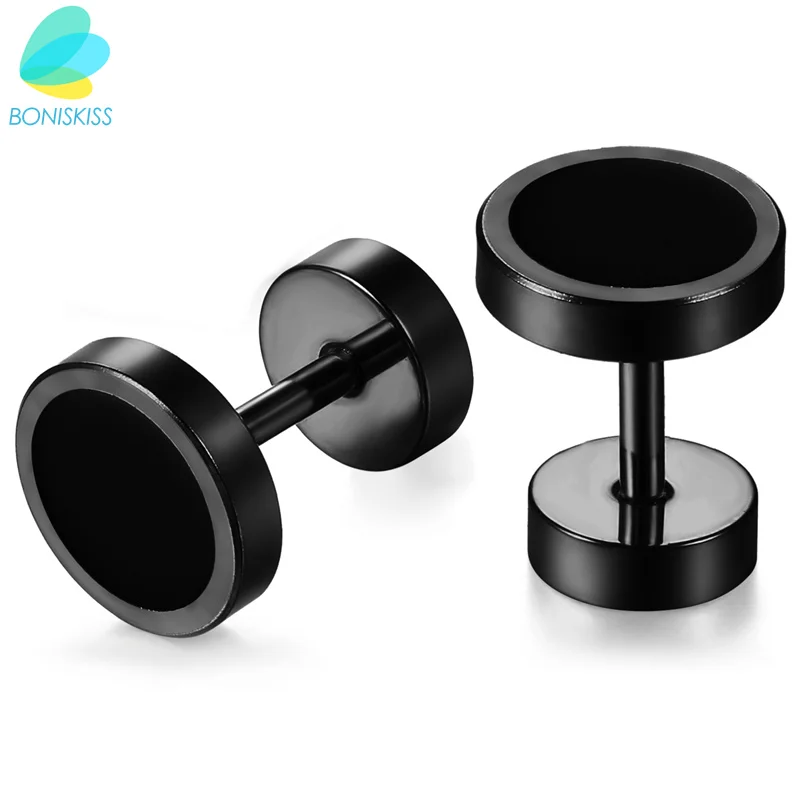 BONISKISS Handmade Round Black Earring Stud Stainless Steel Bar Double