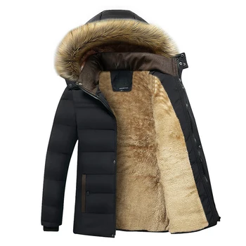 

Autumn Winter Outdoor Hiking Jacket Long Section Plus Velvet Men Set Hooded Detachable Fur Collar Down Cotton Pad Simple Coat