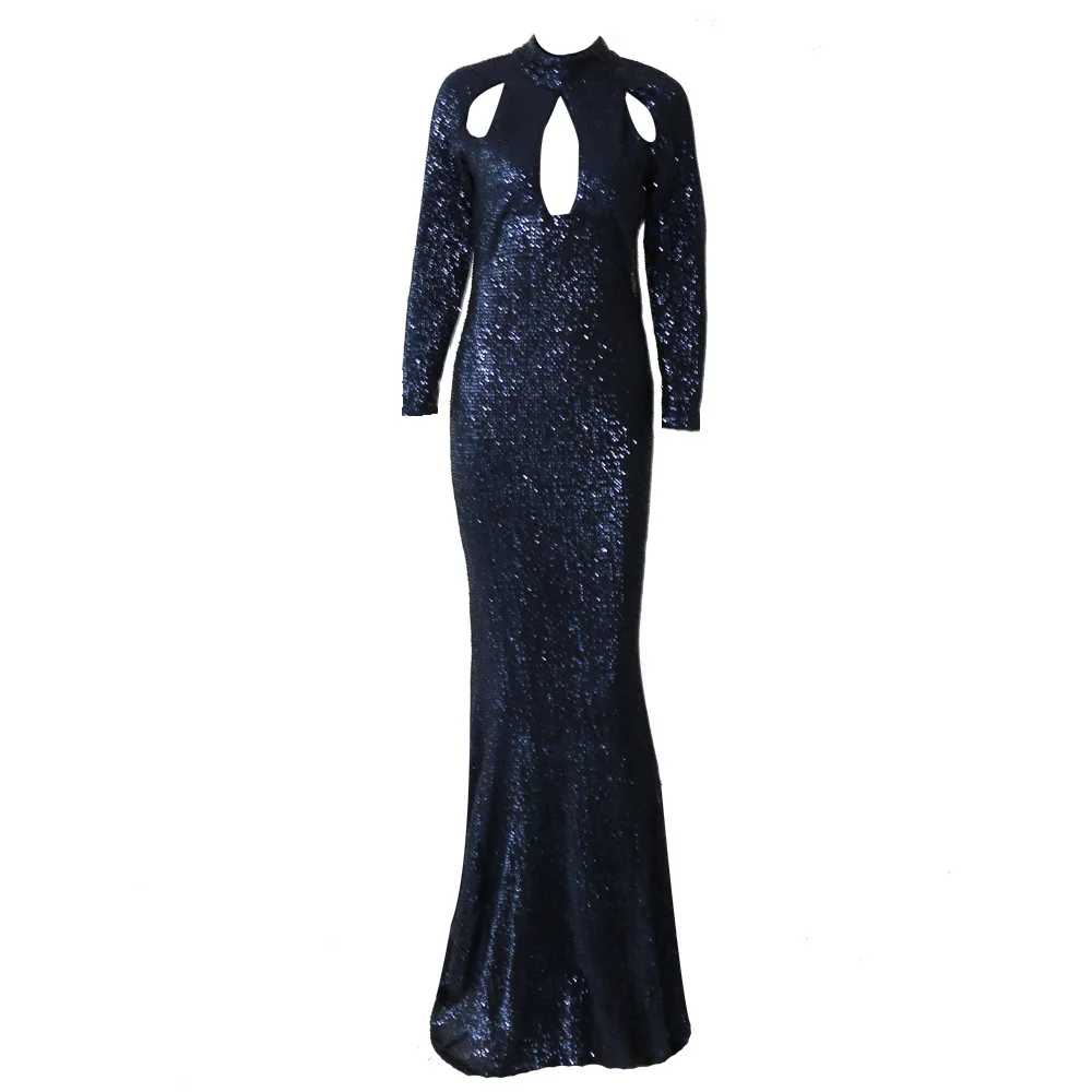 Navy blue Темно-зеленые вечерние платья с блестками и высоким горлом в стиле русалки,, длинные рукава, с вырезами, длинные золотые вечерние платья для выпускного вечера - Цвет: Navy blue