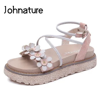 

Johnature Casual Buckle Strap 2020 New Summer Platform Sandals Retro Floral Sewing Flat With Korea Style Women Shoes