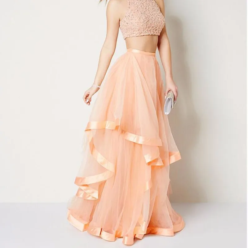 

2017 Tiered Ruched Tulle Skirts Bohemian Peach Color Sain Ribbon Edge Pertty Floor Length Puffy Tutu Skirt For Lady To Party
