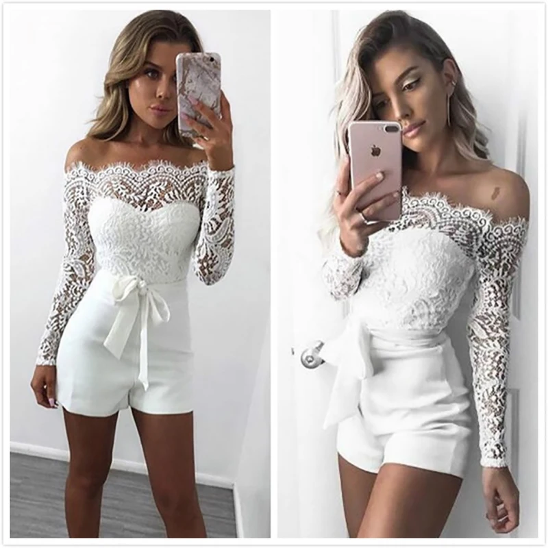 

2019 New Women Lace Strapless Jumpsuit Bodycon Playsuit Women Clubwear Beach Party Short Romper Suit Sexy Slash-neck Overalls