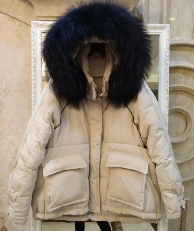 Зимние парки из натурального меха енота на 90% белом утином пуху женские свободные толстые короткие куртки с капюшоном женские теплые зимние пуховики - Цвет: Бежевый