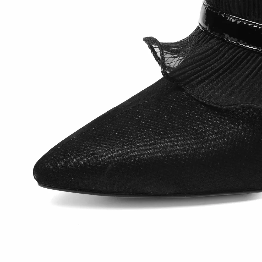 KRAZING POT/специальная Брендовая обувь из овечьей кожи; обувь на высоком каблуке с острым носком на молнии; Уличная обувь; черные кружевные Элегантные туфли-лодочки с оборками; L55