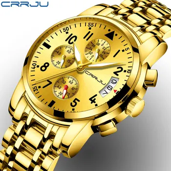 

Mens Watches CRRJU Relogio Masculino Top Brand Luxury golden Steel Quartz Watch Men Casual Sport Chronograph Wristwatch