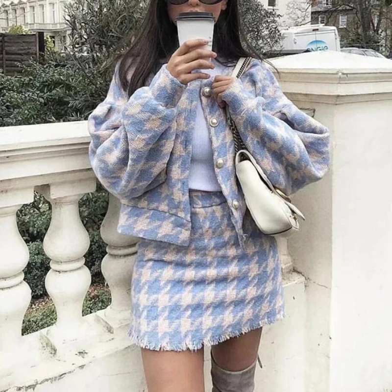 

2018 Women Vintage Skirt Sets Winter Ladies Woolen Tweed Jacket+ Short Skirt Suits Elegant Two Pieces Sets