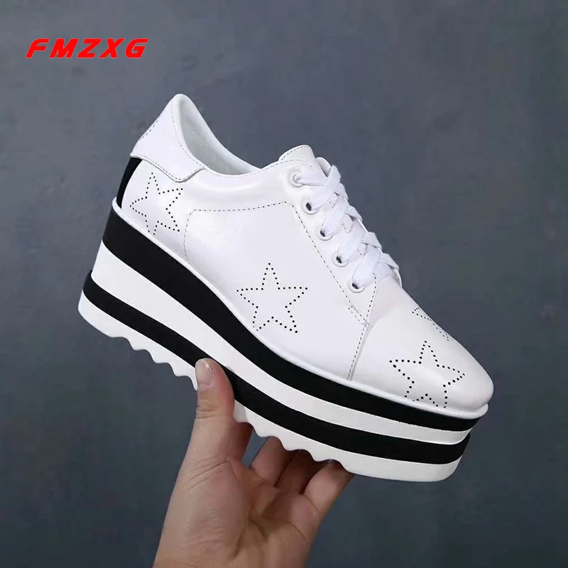 

FMZXG Hot Stars Women Wedge Shoes Platform Genuine Leather Casual Fashion Flats Shoe Spring/Autumn Square Toe brand Woman Shoes