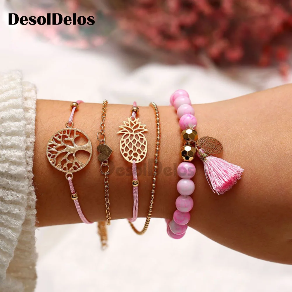 

5pcs/Set Pineapple Heart Coconut Tree Charm Bracelets Pink Stone Beads Bracelets Sets Multi-layer Chain Bohemian Bracelet Women