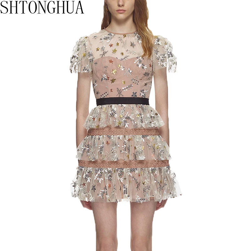 

SHTONGHUA Self-Portrait Spring Dress 2019 Runway Mesh Patchwork Embroidery Floral Short Sleeve Ruffles Cake Party Mini Dress