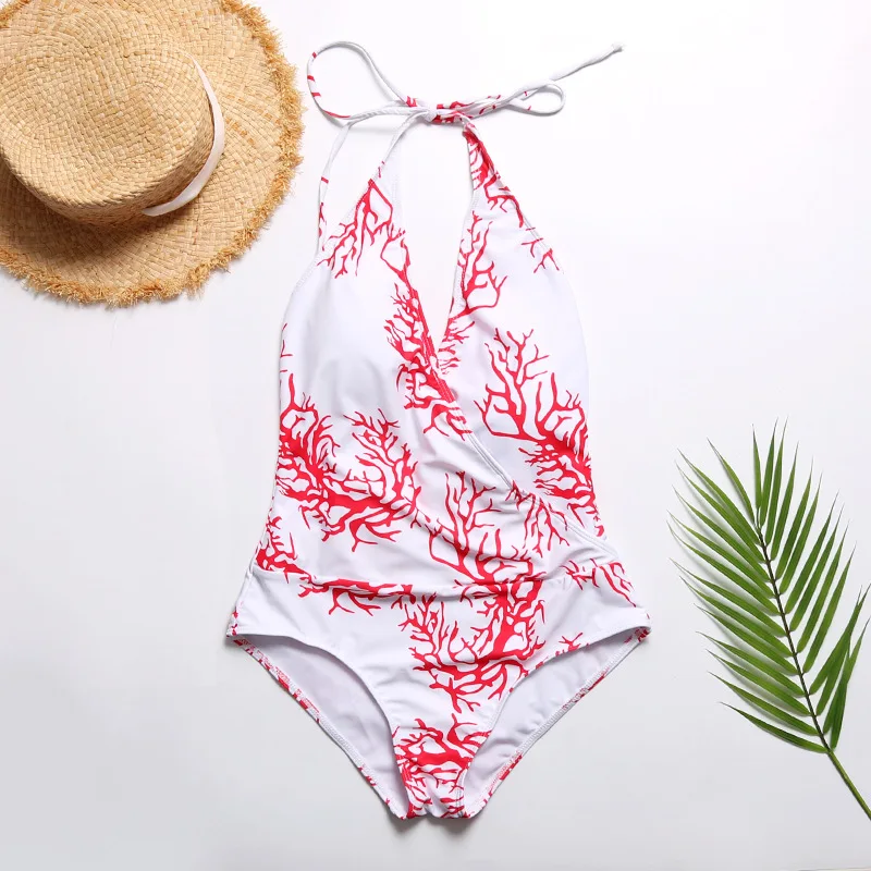 

Bikini 2019 Europe and America with hanging neck bikini Siamese triangle printing was thin covered belly swimsuit female bikini