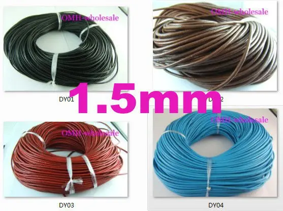 

wholesale 1.5mm 5m Fashion Black red White blue coffee Real Leather Thread Cord For Necklace Bracelet without clasps Strands