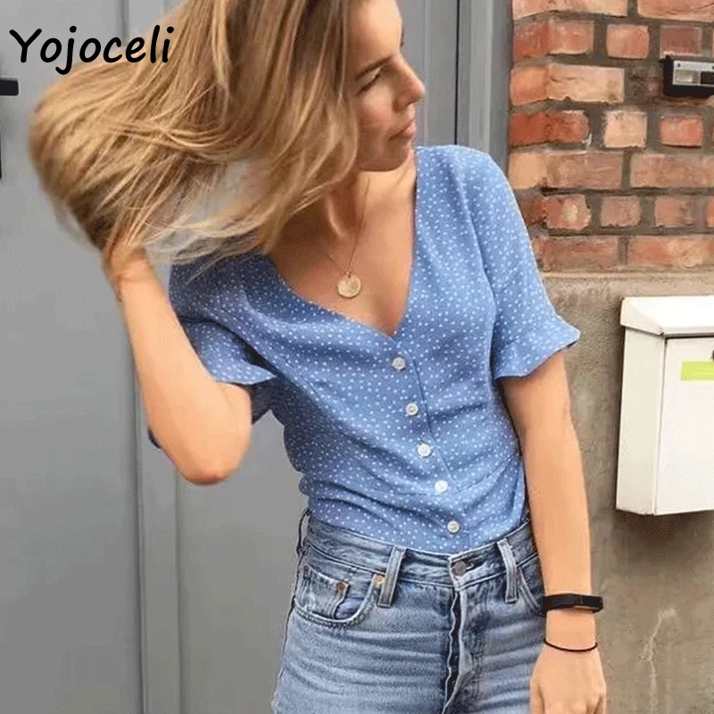 

Yojoceli 2019 summer v neck button dot blouses shirt women cute female blusas tops streetwear ruffle tops