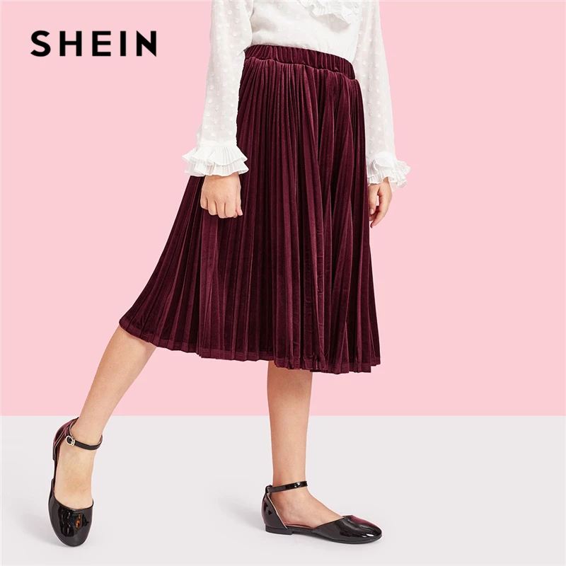 SHEIN Kiddie Burgundy Girls Elastic Waist Pleated Velvet Skirt Kids 2019 Spring Korean Knee Length Skirt Preppy A Line Skirts SHEIN Kiddie Burgundy Girls Elastic Waist Pleated Velvet Skirt Kids 2019 Spring Korean Knee Length Skirt Preppy A Line Skirts