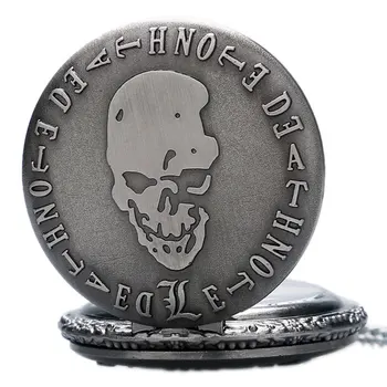

Cool Evil Skull Gray Tone Fashion Death Note Quartz Pocket Watch Steampunk Necklace Pendant Clock Gift For Kid Men Women P366
