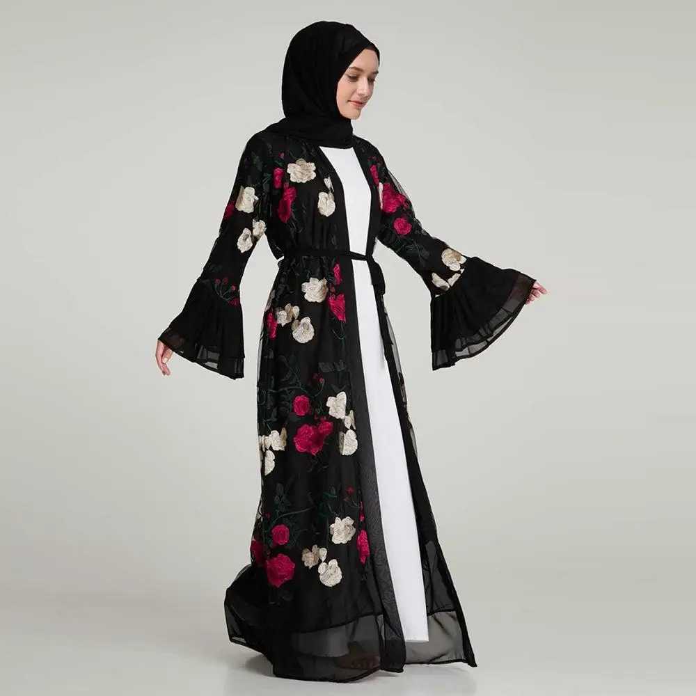 Дубайский мусульманский Вышитый цветочный abaya Полные платья с рукавом-клеш открытый кардиган-кимоно длинный халат Ближний Восток Арабский