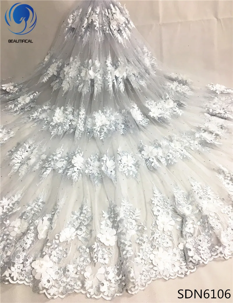 

Beautifical African lace fabrics 3d flowres net lace with beads New arrival white nigerian tulle lace fabric for wedding SDN61