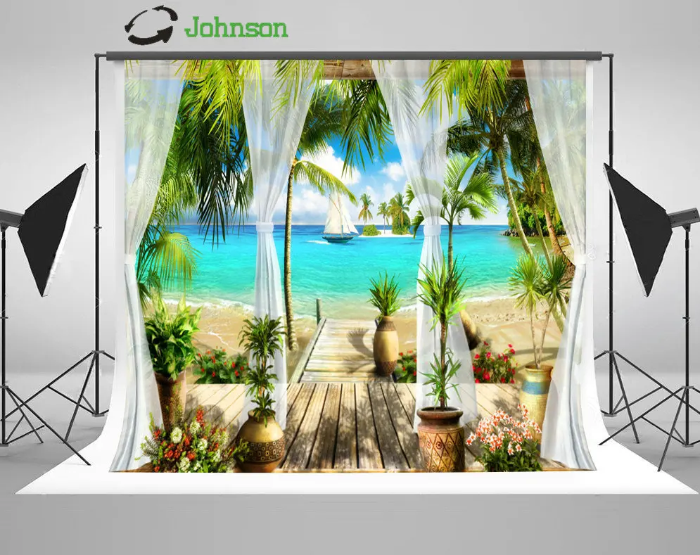 

Sea Beach Ship Tull Curtains Tree Coastal Patio photo backdrop polyester or Vinyl cloth Computer print wedding background