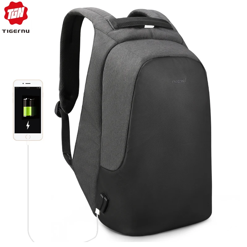 Tigernu Men's Casual Backpack for Male Laptop Anti Theft Backpack Women Waterproof USB Charge Travel Bag for Girls Black Mochila