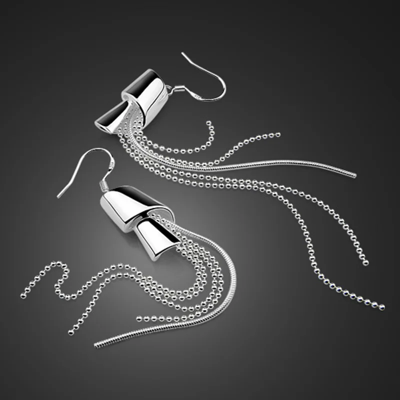 Silver Ribbon Tassel Earrings for Women Dangle Party Jewelry Solid 925