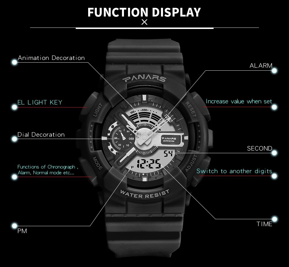 PANARS студенческие цифровые часы для мужчин и женщин светодиодный двойной дисплей светящиеся водонепроницаемые спортивные наручные часы