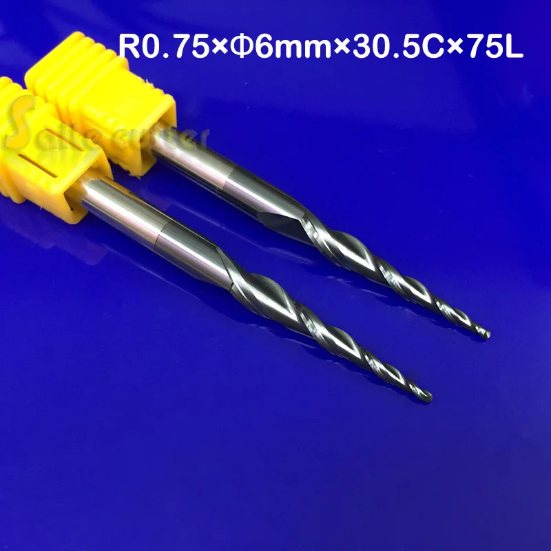 

2PCS D6mm*R0.75*30.5*75L*2F HRC55,CNC NANO solid carbide end mill woodworking conical router bit Two flutes taper ball nose
