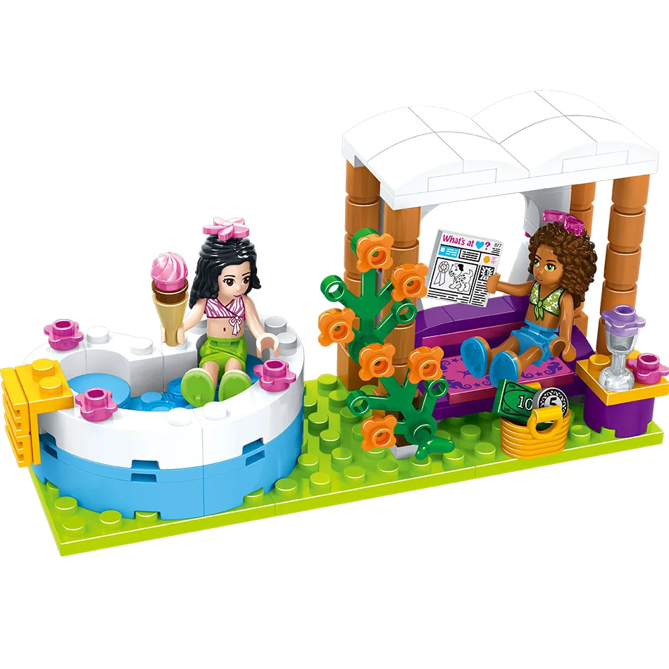 Online 675 stücke Freunde Stadt Schwimmbad Wasser Park Bausteine Legoing Spielzeug Mädchen Freund Haus DIY Ziegel Spielzeug Freund