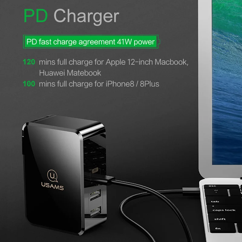 PD быстрое зарядное устройство USAMS US С Тип C & dual usb Выход 5 В/2.4a для IPhone X MacBook Huawei matebook