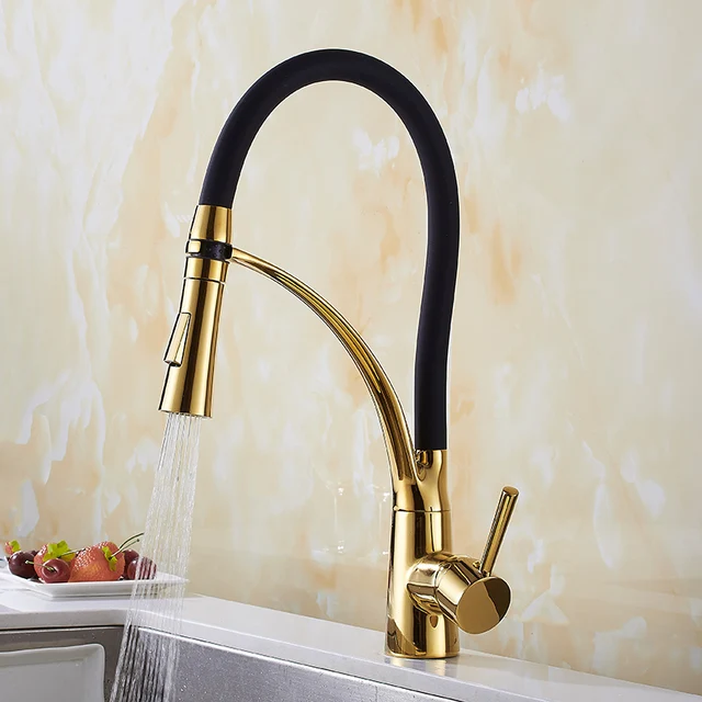 Best Offers Brass Gold Polishing Kitchen Faucets with Rubber Design Mixer Faucet for Kitchen Single Handle Pull Down Deck Mounted Crane 