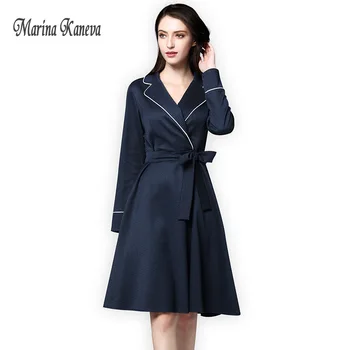 

Women trench Female Blazer Dress with Belt vintage ol office Dress Autumn Blue Chic Female Dress Slim Basic blazer feminino 2018